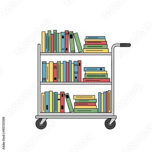 Colorful books on a wheeled cart