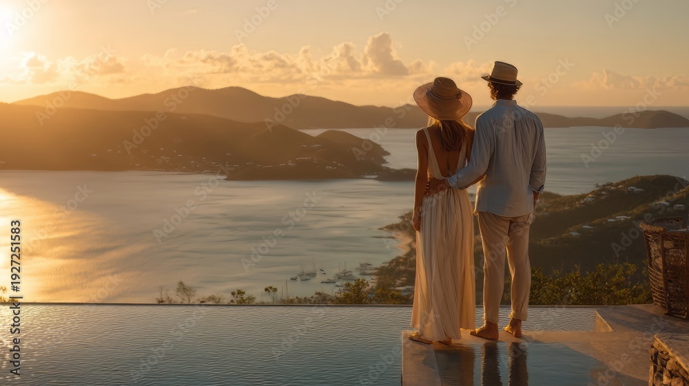 Fototapeta premium A couple on romatic summer vacation satnd at the edge of the infinity swimming pool enjoys a the sunset view behind the ocean