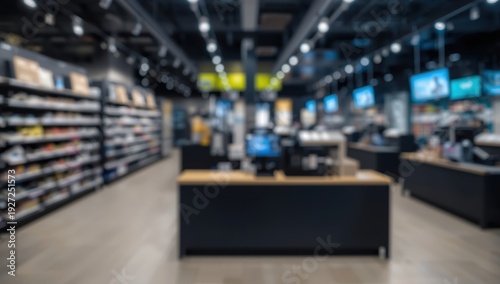 Blurred image of a contemporary retail checkout area featuring digital displays and neat shelves for efficient shopping