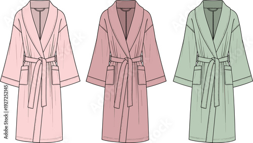 Women's Shawl Collar Bathrobe Technical Flat Sketch, Spa Robe Vector Illustration, Loungewear CAD Drawing Flat Vector Illustration, Sleepwear, bathrobe, apparel.