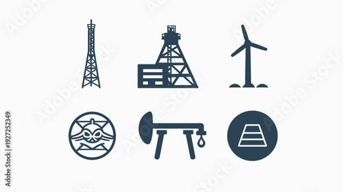 Collection of various minimalistic navy blue vector icons representing industry and energy concepts