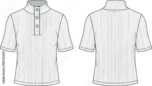 Women’s Ribbed Mock Neck Henley Top Technical Flat Sketch, Short Sleeve Button Up Slim Fit Shirt, CAD Drawing Flat Vector Illustration.
