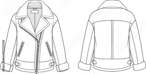 Oversize Women's Shearling Aviator Jacket Technical Flat Sketch, Faux Fur Biker Coat Vector Illustration, Front and Back View CAD Template, Fashion Design.