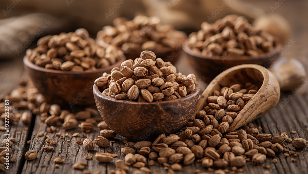 Fototapeta premium Bowls of dry chicory root pieces on a wooden table, close-up