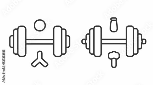 Two stylized dumbbell outlines with related glyphs. Exercise and fitness concept. Minimalist design