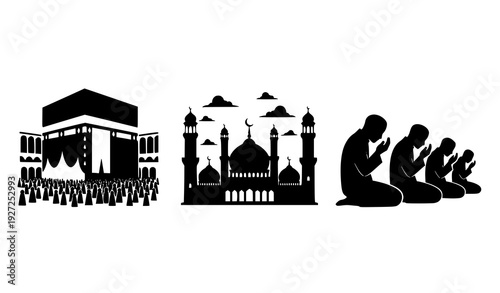 Black and White Islamic Theme Vector Set Kaaba Minarets and Praying People