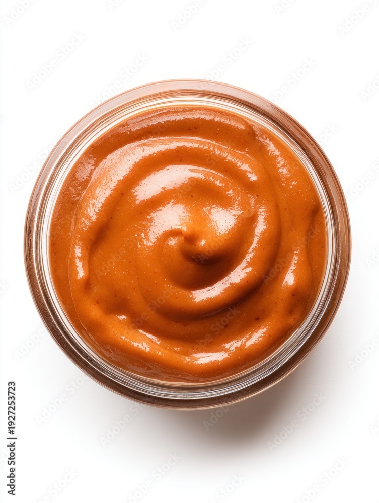 Fototapeta premium Top view of a jar filled with creamy, rich tomato sauce swirled into a perfect spiral