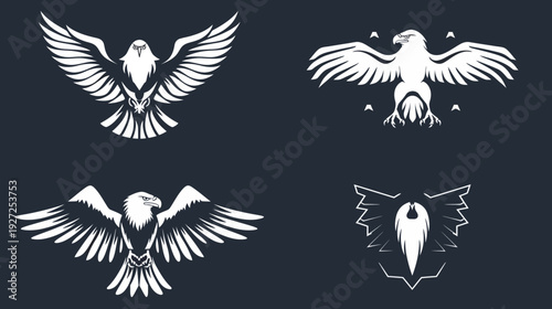 Four stylized eagle illustrations, with outstretched wings, in white on a dark blue background