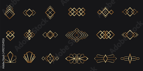 Art Deco decorative dividers and geometric frames in gold gradient on a black background. Clean, symmetrical diamond shapes suitable for luxury branding and design accents. Vector illustration