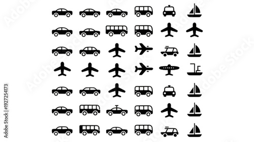 Airplane car bus boat transportation icons isolated on transparent background.