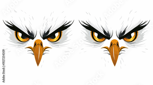 A stylized illustration of two pairs of a bird's intense eyes, beak, and surrounding feathers