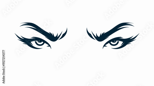 A stylized illustration featuring two symmetrical eyes with expressive dark eyelashes and eyebrows