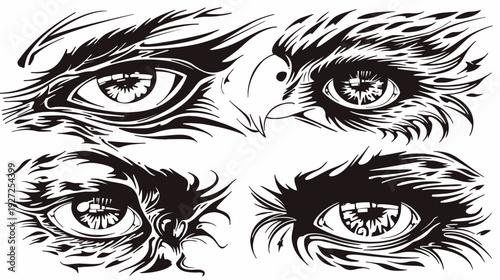 A detailed black and white illustration of four sets of avian eyes, showcasing intricate details