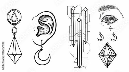 Intricate black and white line art featuring geometric shapes, an eye, and ear adornments
