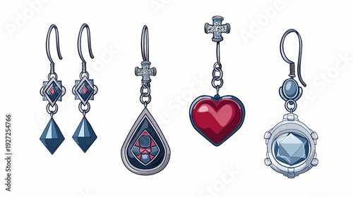 Four stylized earrings, each with unique shapes and designs, including diamonds, hearts, and teardrops