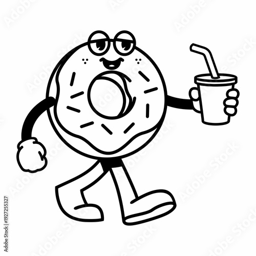 cartoon donut walking with drink