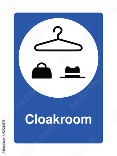 Cloakroom Sign Blue Information Symbol – Hanger, Bag and Hat Icon for Public Facilities, Wardrobe Area, Coat Check Room, Hotel, Theater and Office Wayfinding Signage