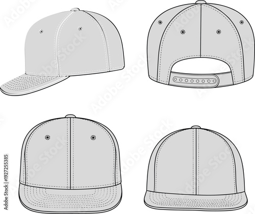 Technical illustration of snapback baseball cap showing side, rear, front, and back views with stitching, ventilation eyelets, curved brim, button, and adjustable strap details
