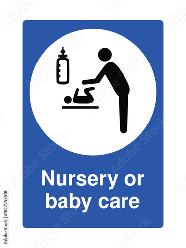 Nursery or Baby Care Sign Blue Mandatory Symbol – Infant Changing Area Icon with Caregiver and Baby, Public Facility Information Signage for Hospitals, Malls and Airports