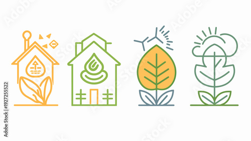 Four stylized line art illustrations. Elements include houses, leaves, sun, and other natural symbols