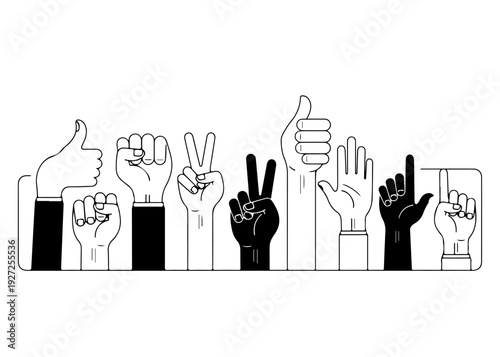 Diverse hands making various gestures in a line art illustration, symbolizing communication and unity.