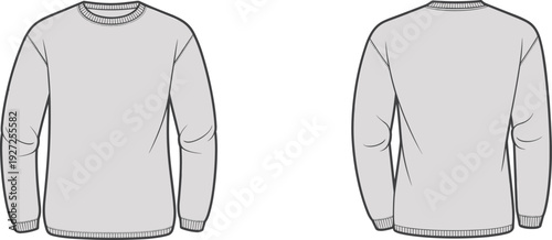 Technical flat sketch of long‑sleeve crew neck sweatshirt showing front and back views with ribbed cuffs, ribbed hem, ribbed neckline, seam lines, and structured garment construction details