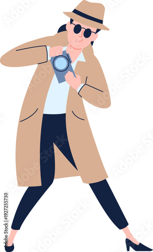 Private investigator make photo. Woman in black glasses and overcoat cartoon character