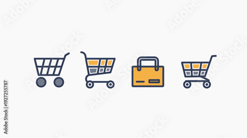 Four icons two shopping carts, and a bag, all in a flat design style, set against a white backdrop