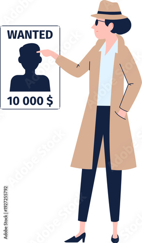 Investigator woman look for wanted criminal. Cartoon character