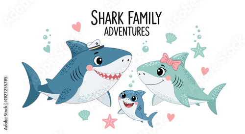 Cute Baby Shark Family Cartoon Illustration with Hand Lettering