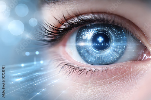 Futuristic macro close-up of a human eye with digital medical interface, representing healthcare monitoring, health analysis and modern medical technology in soft blue tones.