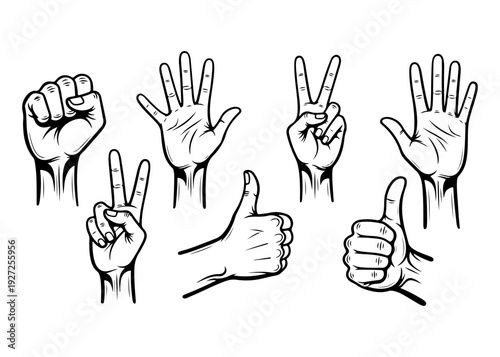 Set of various hand gestures in black and white line art style, including fist, open palm, peace sign, and thumbs up.
