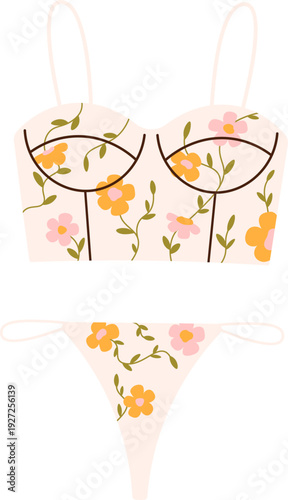 Bustier swimsuit cartoon icon. Floral female fashion