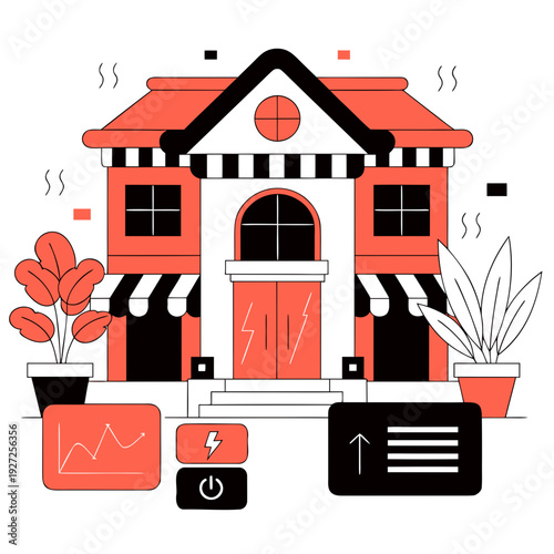 A red and white illustration of a house with plants