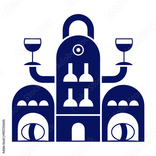 A blue and white icon of a distillery with wine glasses
