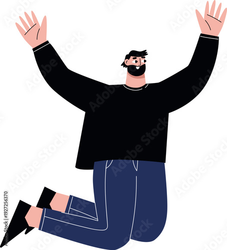 Joyful man jumping. Cheerful person in positive mood