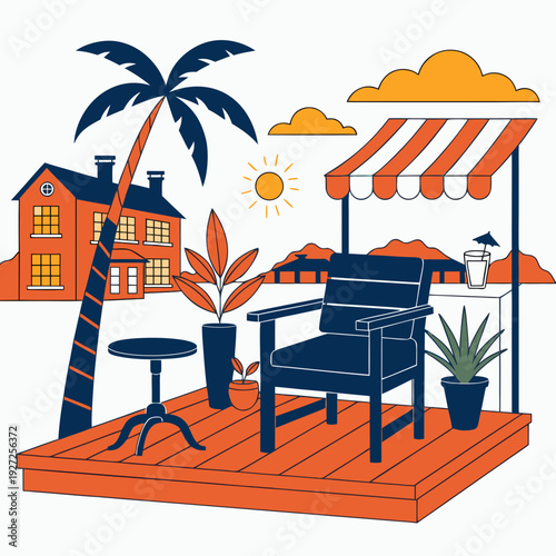 A colorful illustration of a tropical patio setting
