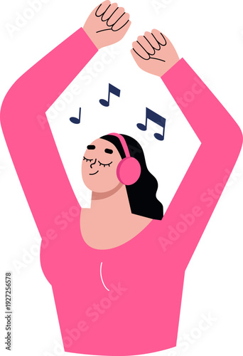 Young woman in headphones listen music color concept