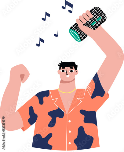 Mobile speaker for music listening. Happy young man dance