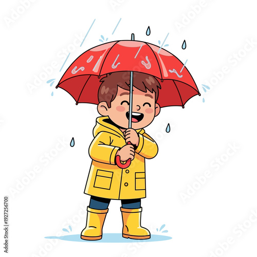 Happy boy in yellow raincoat under red umbrella during rain, cartoon style
