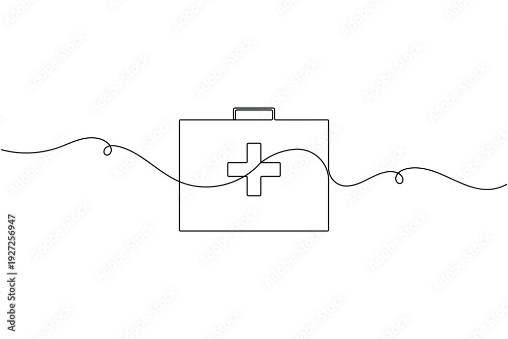 Obraz premium Medical first aid box sign icon continuous one line drawing art single on white background minimal emergency health care symbol outline vector illustration