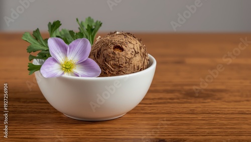 Chicory blossom and purified root in a white bowl on a wooden surface
