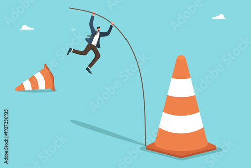 Business challenge concept. Overcoming barriers, risk management, career growth, leadership, determination, success strategy, corporate progress. Man pole vaulting over traffic cone obstacle.