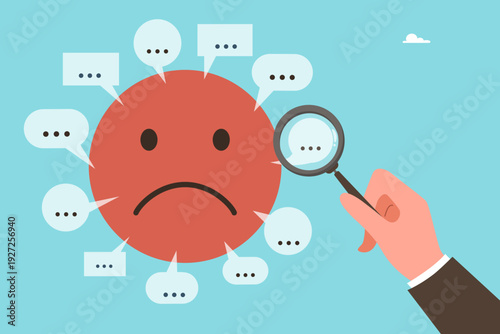 Negative feedback analysis concept. Customer review monitoring, reputation management, problem detection, complaint analysis, quality improvement. Hand with magnifying glass analyzis negative comment.