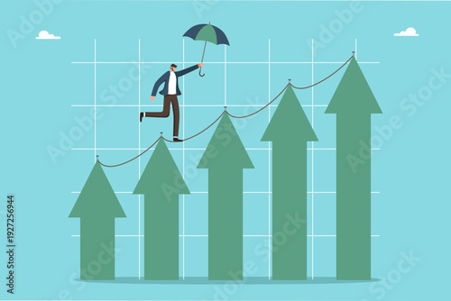 Business growth concept. Career success, find the right strategy and business prosperity, stability, financial progress, leadership ambition. Man with un umbrella climbs up a graph of rising arrows.