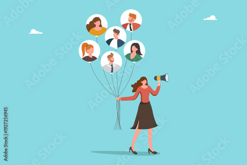 Business management concept. Team leadership, HR strategy, staff coordination, communication, corporate organization. Businesswoman holding employee icon balloons and speaking through megaphone.