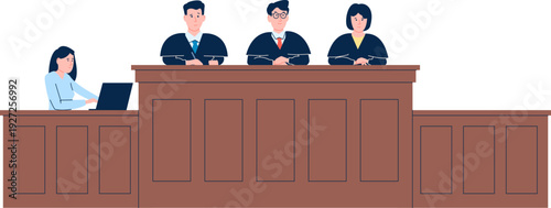 Judges bench on trial. Legal process color illustration