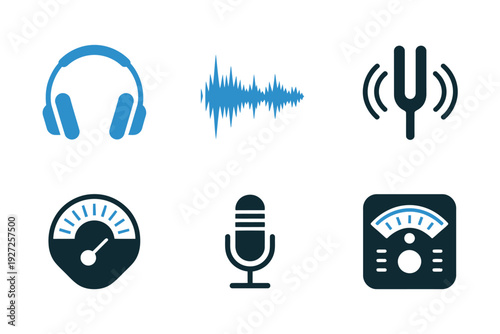 Blue Headphones, Sound Wave, Microphone, and Volume Meter Icons