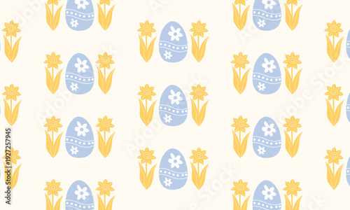 Easter pattern background with basket, Easter egg and spring flowers, festive seasonal ornament