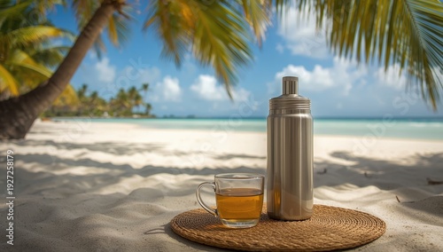 Wallpaper Mural Classic Latin American mate tea with a thermos of hot water on a sandy tropical beach surrounded by coconut palms. Blank space backdrop Torontodigital.ca